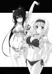  2girls :o armpits artist_request bikini blush breasts cecilia_alcott cleavage drill_hair front-tie_top hair_ribbon highres himura_kiseki infinite_stratos large_breasts long_hair looking_at_viewer monochrome mound_of_venus multiple_girls navel open_mouth ribbon shinonono_houki side-tie_bikini sideboob source_request stretch swimsuit twin_drills underboob 