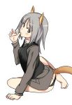  1girl bad_id bare_legs barefoot black_panties butt_crack edytha_rossmann finger_licking food food_on_face fox_ears fox_tail grey_eyes grey_hair licking military military_uniform ningen_(ningen96) panties short_hair simple_background solo strike_witches tail underwear uniform vest white_background 