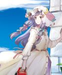  bangs bow crescent dress hair_bow highres long_hair patchouli_knowledge purple_eyes purple_hair solo sugi touhou violet_eyes watering_can wind 