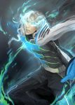  blue_eyes blue_fire blue_flame cape email555 fire gloves glowing glowing_eyes highres long_hair lunatic_(tiger_&amp;_bunny) male realistic silver_hair solo superhero tiger_&amp;_bunny white_hair yuri_petrov 