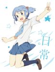  blue_hair hair_cubes hair_ornament jumping kneehighs loafers looking_at_viewer naganohara_mio necktie nichijou open_mouth outstretched_arm outstretched_arms school_uniform shoes short_hair short_twintails skirt solo spread_arms star title_drop twintails v weee_(raemz) 
