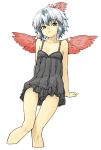  :q arm_support babydoll bare_legs bare_shoulders blue_hair face flat_chest head_wings horns looking_at_viewer multicolored_hair red_eyes shiba_itsuki short_hair silver_hair simple_background sitting solo tokiko_(touhou) tongue touhou two-tone_hair underwear underwear_only white_background wings 