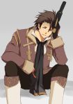  alvin_(tales_of_xillia) brown_eyes brown_hair gloves grey_background gun male scarf sitting solo tales_of_(series) tales_of_xillia weapon 