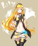  1girl belly blonde_hair blue_eyes boots cable cd eyebrows headphones highres lily_(vocaloid) long_hair navel skirt smile solo thigh-highs thigh_boots thighhighs very_long_hair vocaloid wink yellow_skirt zettai_ryouiki 