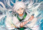  1boy freckles green_eyes ja&#039;far long_hair magi_the_labyrinth_of_magic maguchimo open_mouth solo string weapon white_hair 