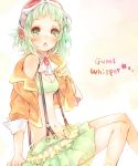  :o ameiro arm_support blush breasts brooch cleavage goggles green_eyes green_hair gumi jacket jewelry looking_at_viewer megpoid_(vocaloid3) navel pleated_skirt short_hair sitting skirt solo suspenders tank_top vocaloid 