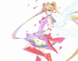  angel_wings bishoujo_senshi_sailor_moon blonde_hair blue_eyes boots bow double_bun elbow_gloves gloves hair_ornament hairpin leg_up long_hair looking_back magical_girl pleated_skirt ribbon sailor_collar sailor_moon skirt smile solo super_sailor_moon tsukino_usagi twintails white_background white_gloves wings y.tsk 