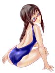  absurdres akemi_homura arm_support ass back bare_back bare_shoulders barefoot black_hair braid dodai_shouji face feet from_behind glasses hairband hands head_tilt highres lips mahou_shoujo_madoka_magica one-piece_swimsuit payot purple_eyes red-framed_glasses sho~taro simple_background sitting solo swimsuit toes violet_eyes 