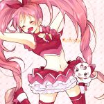  ^_^ armpits arms_up braid brooch cat character_name choker closed_eyes cure_melody dress eyes_closed frills hair_ribbon happy houjou_hibiki hummy_(suite_precure) jewelry jumping long_hair magical_girl midriff navel open_mouth pink_hair pink_legwear precure ribbon riku_manoue shoes suite_precure thigh-highs thighhighs twintails white_background 