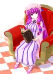  armchair bangs blunt_bangs book bow breasts capelet checkered checkered_floor couch crescent cross-laced_footwear hair_bow hat head_tilt highres holding holding_book hoshino_yami large_breasts long_hair looking_at_viewer patchouli_knowledge purple_eyes purple_hair reading sitting smile solo touhou very_long_hair violet_eyes 
