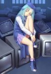  1girl :&lt; animal_ears blue_hair boots character_request cross hat leg_hug long_hair sitting skirt solo television tsukikanade world_embryo yellow_eyes 