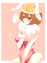  1girl aki_minoriko alternate_costume animal_ears blonde_hair blush breasts bunny_ears bunny_girl bunny_tail bunnysuit flat_gaze fur_trim heart orange_eyes short_hair simple_background solo tail touhou yutazou 