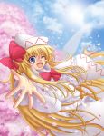  blonde_hair blue_eyes cherry_blossoms hat highres kurowana lily_white long_hair open_hand petals solo touhou very_long_hair wings wink 