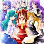  6+girls animal_ears ascot bare_shoulders blonde_hair blue_eyes blue_hair blush bow braid brown_eyes bunny_ears cirno green_hair hair_bow hakurei_reimu hat highres izayoi_sakuya kayama_kenji kirisame_marisa kochiya_sanae konpaku_youmu lavender_hair long_hair looking_at_viewer maid_headdress multiple_girls odd_one_out petals purple_hair reisen_udongein_inaba short_hair silver_hair single_braid smile taut_shirt touhou twin_braids waving wink witch witch_hat yellow_eyes 