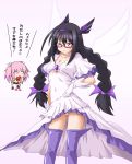  :d akemi_homura black_hair blood boots bow braid breasts choker cleavage cosplay glasses gloves hair_bow hairband hand_on_hip hayashiya_zankurou highres kaname_madoka long_hair mahou_shoujo_madoka_magica multiple_girls nosebleed open_mouth panties pink_hair purple_eyes purple_legwear red-framed_glasses role_reversal school_uniform simple_background smile spoilers thigh_boots thighhighs translated twin_braids twintails ultimate_madoka ultimate_madoka_(cosplay) underwear violet_eyes white_panties wings 
