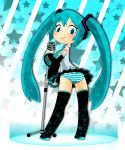  aqua_eyes aqua_hair bad_id detached_sleeves hatsune_miku highres long_hair looking_back microphone microphone_stand necktie panties sioazisyouyu skirt smile solo striped striped_panties thigh-highs thighhighs twintails underwear very_long_hair vintage_microphone vocaloid 