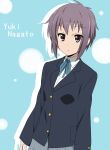  character_name cosplay grey_hair highres ikari_manatsu k-on! nagato_yuki parody school_uniform short_hair style_parody suzumiya_haruhi_no_yuuutsu 