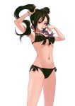 1girl arm_up armpits bikini black_bikini black_hair fkey highres long_hair mouth_hold navel red_eyes simple_background solo swimsuit twintails tying_hair white_background wristband 