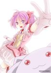  absurdres bubble_skirt choker gloves highres kaname_madoka kyubey magical_girl mahou_shoujo_madoka_magica pink_eyes pink_hair puffy_sleeves short_twintails srx61800 title_drop twintails white_background white_gloves 