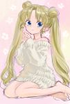  bare_legs bare_shoulders barefoot bishoujo_senshi_sailor_moon blonde_hair blue_eyes double_bun hands_together long_hair off_shoulder oversized_clothes pullover sitting smile steepled_fingers sweater toes tsukino_usagi twintails yokozuwari 