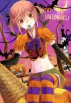  amarisu bat black_cat black_cat_(animal) cat crescent_moon elbow_gloves gloves halloween happy_halloween midriff moon mouth_hold navel original pink_hair red_eyes solo spoon striped striped_legwear thigh-highs thighhighs 