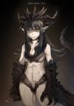  abs black_hair breasts claws cleavage dragon_girl fang green_tear horns long_hair monster_girl original pointy_ears solo tail yellow_eyes 