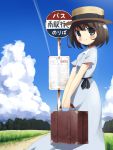  blue_eyes blush brown_hair bus_stop cloud fudama looking_at_viewer luggage original shiina_mayuri short_hair sky smile solo steins;gate 