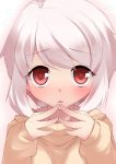  1girl albino blush bust face highres open_mouth original red_eyes short_hair solo steepled_fingers sweater white_hair xefy yamane_akira 