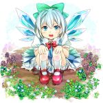  bloomers blue_dress blue_eyes blue_hair bow cirno dress flower footwear hair_bow hands_on_knees ice ice_wings mary_janes open_mouth plant ribbon shoes short_hair simple_background socks solo squatting touhou white_legwear wings zanunoneko 