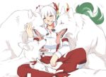  bow ebz ex-keine fujiwara_no_mokou green_hair hair_bow horn_ribbon horns kamishirasawa_keine long_hair multiple_girls neko_majin odd_one_out pants ribbon suspenders tail touhou white_hair wolf 