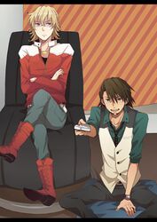  bad_id barnaby_brooks_jr belt blonde_hair blue_eyes boots bracelet brown_eyes brown_hair controller crossed_arms crossed_legs facial_hair glasses jacket jewelry kaburagi_t_kotetsu legs_crossed male multiple_boys mutsuki_ayumi necklace necktie red_jacket remote_control short_hair sitting stubble studded_belt tiger_&amp;_bunny vest waistcoat watch wristwatch 