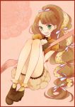  brown_hair copyright_request doily food fork gloves green_eyes hair_ornament hair_ribbon heart highres long_hair open_mouth personification ribbon smile symbol-shaped_pupils 