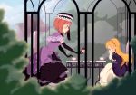  aiwatan bad_id beatrice blonde_hair blue_eyes blurry braid cake cup depth_of_field dress elbow_gloves eva_beatrice food frills fruit gazebo gloves hat house multiple_girls orange_hair plant strawberry teacup umineko_no_naku_koro_ni young 