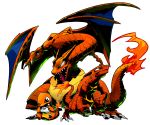  blue_eyes charizard charmander charmeleon claws dragon fang fire flame highres looking_up monster no_humans no_pupils open_mouth poke_ball pokemon pokemon_(creature) pose sido_(slipknot) simple_background sitting transparent_background wings 