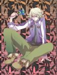  blonde_hair boots hinatsu ivan_karelin jacket letterman_jacket male pinwheel purple_eyes purple_jacket short_hair sitting solo tiger_&amp;_bunny violet_eyes 