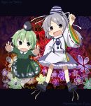  blush chibi clenched_hand dress ghost ghost_tail green_dress green_hair grey_eyes hat highres japanese_clothes kariginu letterboxed mononobe_no_futo multiple_girls open_mouth outstretched_arms ponytail raised_fist shirt silver_hair skirt smile soga_no_tojiko touhou yamabuki_(yusuraume) 