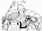  armor aura broken clenched_teeth comic demon&#039;s_souls demon's_souls full_armor garl_vinland gauntlets helmet highres huge_weapon knight mace male monochrome multiple_boys shield short_hair stabbing sword weapon 