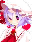  ascot blush brooch bust face hat heart jewelry lavender_hair multicolored_eyes portrait purple_eyes red_eyes remilia_scarlet short_hair smile solo touhou violet_eyes yutazou 