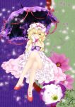  arm_ribbon bad_id blonde_hair breasts cleavage crossed_legs dress elbow_gloves flower frills gathers gloves hand_on_cheek hand_on_own_cheek hand_on_own_face hat hat_ribbon legs legs_crossed long_hair nekokotei parasol petals pink_dress pink_rose ribbon rose sitting smile solo touhou umbrella white_gloves yakumo_yukari yellow_eyes 