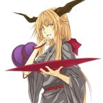  blonde_hair bow gourd hair_bow holding horns ibuki_suika japanese_clothes kimono kong_xian long_hair pointy_ears ribbon sakazuki solo touhou yellow_eyes 