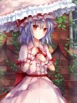  ascot bat_wings blue_hair bow dress hat hat_ribbon na_s nazuka_(mikkamisaki) parasol pink_dress red_eyes remilia_scarlet ribbon short_hair solo touhou umbrella vines wall window wings wrist_cuffs wrist_ribbon 