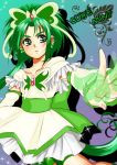  akimoto_komachi bike_shorts brooch butterfly character_name cure_mint dress earrings gloves green green_eyes green_hair jewelry long_hair magical_girl outstretched_hand precure ruffles serious solo sparkle yes!_precure_5 yukishiro_midori 