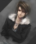  black_jacket blue_eyes brown_hair crossed_arms final_fantasy final_fantasy_viii fur_collar fur_trim habbitrot jacket jewelry male necklace solo squall_leonhart 