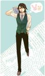  akixx bad_id book brown_eyes brown_hair facial_hair kaburagi_t_kotetsu male necktie short_hair sleeves_rolled_up solo stubble thought_balloon thought_bubble tiger_&amp;_bunny vest waistcoat walking watch wristwatch 