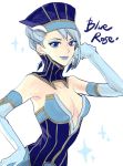  arm_up bare_shoulders blue_eyes blue_hair blue_rose_(tiger_&amp;_bunny) breasts character_name cleavage dabih earrings elbow_gloves gloves hat jewelry karina_lyle lipstick makeup short_hair solo superhero tiger_&amp;_bunny 