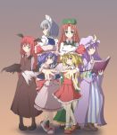  &gt;:) absurdres arm_behind_back arms_behind_back ascot bat_wings beret black_legwear blonde_hair blue_dress blue_hair book bow braid buttons capelet china_dress chinese_clothes crescent dress dress_shirt flandre_scarlet foreshortening green_eyes grey_eyes hair_bow hair_wings hat hat_bow head_tilt head_wings highres hong_meiling izayoi_sakuya koakuma long_sleeves looking_back low_wings maid maid_headdress mary_janes multiple_girls natsume_riu necktie open_book patchouli_knowledge purple_dress purple_eyes purple_hair red_eyes red_hair redhead remilia_scarlet shirt shoes short_sleeves side_slit silver_eyes silver_hair skirt skirt_set smile socks star striped striped_dress symmetrical_hand_pose the_embodiment_of_scarlet_devil touhou twin_braids vertical_stripes vest violet_eyes white_shirt wide_sleeves wings 
