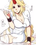  alternate_costume blonde_hair breasts ebz hat horn hoshiguma_yuugi long_hair neko_majin nurse pointy_ears red_eyes sleeves_rolled_up solo syringe torn_clothes touhou translated 