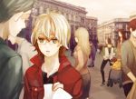  amamiya_tomoe blonde_hair brown_hair cityscape family father_and_daughter glasses green_eyes kaburagi_kaede kaburagi_t_kotetsu kaburagi_tomoe male metoro-chica necktie short_hair stroller tiger_&amp;_bunny turtleneck vest waistcoat young 