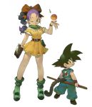  1girl :p bad_hands bare_legs belt black_eyes black_hair blush_stickers bow braid breasts bulma dragon_ball dragon_ball_(object) gloves hair_bow heart height_difference highres koki_(pixiv) long_hair male miniskirt monkey_tail ponytail purple_hair shoes single_braid single_glove sketch skirt smile son_gokuu spiked_hair spiky_hair staff tail tongue watch wink young 