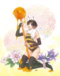  alternate_costume antennae axis_powers_hetalia bee black_hair blush boots bridal_gauntlets brown_eyes bulge cocoa_mass fingerless_gloves flower gloves highres honey japan_(hetalia) kneeling male open_mouth scarf short_hair solo teeth thigh-highs thighhighs thighs tongue trap wings 